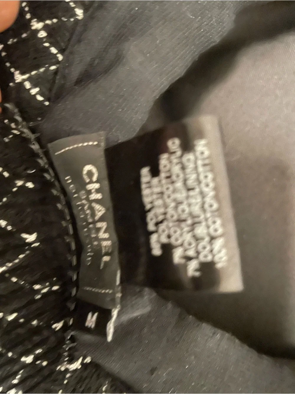 CHANEL Black Tweed Bowler with White Grid Stitching and Clear CC Pin